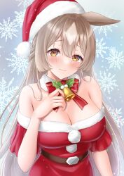 Rule 34 | 1girl, animal ears, bell, blush, bow, bowtie, braid, breasts, christmas, cleavage, closed mouth, commentary, dress, frown, fur collar, half-closed eyes, hand on own chest, hat, holly, horse ears, horse girl, large breasts, light brown hair, long hair, looking at viewer, neck bell, off-shoulder dress, off shoulder, orange eyes, red bow, red bowtie, red sleeves, santa costume, santa dress, santa hat, satono diamond (umamusume), snowflakes, solo, taku (312nismo1), tilted headwear, umamusume, very long hair