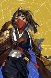 Rule 34 | 1girl, black hair, brown eyes, cindy moon, hanbok, hands in pockets, highres, jacket, jacket on shoulders, juby, korean clothes, looking to the side, marvel, mask, medium hair, mouth mask, silk (marvel), solo, spider web background, wind, wind lift, yellow background