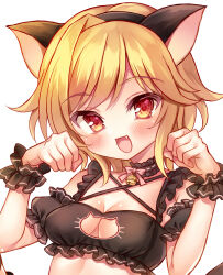 Rule 34 | 1girl, :d, achico 999, animal ears, bell, black choker, black hairband, black wrist cuffs, blonde hair, blush, bow, breasts, cat ears, cat lingerie, choker, cleavage, cleavage cutout, clothing cutout, commentary, commission, criss-cross halter, detached sleeves, fake animal ears, fang, frilled choker, frilled sleeves, frilled wrist cuffs, frills, hairband, halterneck, hands up, highres, jingle bell, kin-iro loveriche, looking at viewer, medium breasts, medium hair, meme attire, neck bell, open mouth, paw pose, pink bow, red eyes, short sleeves, simple background, smile, solo, souma ria, upper body, white background, wrist cuffs