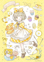 Rule 34 | 1girl, :p, animal-themed food, apron, argyle, argyle background, argyle clothes, black footwear, bob cut, bouquet, bow, box, bread, brown eyes, bunting, cake, candy, cat, checkered bow, checkered clothes, chef hat, cup, cupcake, decorations, dress, emo (mikan), english text, floating, floating object, floral print, flower, food, footwear bow, fork, frilled apron, frilled dress, frilled socks, frills, gold trim, gradient eyes, grey cat, hair bow, hat, holding, holding food, holding plate, knife, leaning, leg up, light brown hair, loafers, mittens, multicolored eyes, original, oven mitts, pancake, pastel colors, pinafore dress, plaid, plaid bow, plaid dress, plate, puffy short sleeves, puffy sleeves, ribbon, rose, shoes, short hair, short sleeves, sleeveless, sleeveless dress, socks, standing, standing on one leg, string, stuffed animal, stuffed toy, sweets, tablecloth, teacup, tongue, tongue out, two-tone background, white apron, white background, white bow, white cat, white flower, white headwear, white socks, yellow background, yellow dress, yellow flower, yellow mittens, yellow ribbon, yellow rose, yellow theme