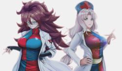 Rule 34 | 2girls, android 21, black-framed eyewear, blue dress, blue eyes, braid, breasts, brown hair, closed mouth, coat, cross, dragon ball, dragon ball fighterz, dress, earrings, eyelashes, glasses, hand on own hip, hat, highres, hoop earrings, jewelry, konpeki, lab coat, large breasts, lips, long hair, long sleeves, multicolored clothes, multicolored dress, multiple girls, nurse cap, open clothes, open coat, parted bangs, red cross, red dress, red ribbon army, sash, simple background, single braid, smile, touhou, white background, white hair, white sash, yagokoro eirin