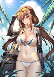 Rule 34 | 1girl, absurdres, bikini, bird, breasts, brown hair, cleavage, collarbone, food, girls&#039; frontline, highres, jiafei2o3, js 9 (girls&#039; frontline), js 9 (orca&#039;s journey) (girls&#039; frontline), large breasts, lens flare, long hair, looking at viewer, mechanical arms, mole, mole under eye, mouth hold, official alternate costume, outdoors, popsicle, red eyes, single mechanical arm, solo, sparkle, sun, sunglasses, sunlight, swimsuit, very long hair