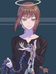 Rule 34 | 1girl, absurdres, black dress, blue background, braid, braided ponytail, breasts, chain, chain leash, chainsaw man, closed mouth, collarbone, commentary request, dress, halo, highres, holding, holding chain, leash, light smile, long hair, long sleeves, looking at viewer, makima (chainsaw man), medium breasts, pov, red hair, ringed eyes, shirt, sidelocks, simple background, solo, toga (toganawa), viewer on leash, yellow eyes