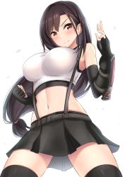 Rule 34 | 1girl, arm guards, bare shoulders, black gloves, black skirt, black thighhighs, blush, breasts, elbow gloves, elbow pads, final fantasy, final fantasy vii, fingerless gloves, gloves, highres, kibihimi, large breasts, long hair, looking at viewer, low-tied long hair, midriff, navel, pencil skirt, shirt, simple background, skirt, smile, solo, suspender skirt, suspenders, tank top, taut clothes, taut shirt, thighhighs, thighs, tifa lockhart, very long hair, white tank top