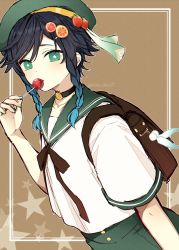 Rule 34 | 1boy, androgynous, bag, beret, black hair, blue hair, braid, candy, chiroron, choker, collared shirt, commentary request, dutch angle, feathers, food, fruit, genshin impact, gradient hair, green eyes, green hat, hair ornament, hairclip, hat, highres, holding, holding candy, holding food, holding lollipop, jewelry, lollipop, looking at viewer, male focus, md5 mismatch, multicolored hair, nail polish, necklace, open mouth, orange (fruit), resolution mismatch, school uniform, serafuku, shirt, short hair with long locks, short sleeves, sidelocks, simple background, solo, source smaller, star-shaped pupils, star (symbol), strawberry, symbol-shaped pupils, twin braids, venti (genshin impact), white shirt