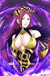 Rule 34 | 1girl, armor, bare shoulders, belt, braid, braided ponytail, breasts, cleavage, cunrael98, detached collar, detached sleeves, dress, earrings, feather trim, fire, fire emblem, fire emblem heroes, hair ornament, hat, jewelry, large breasts, light smile, lips, loki (fire emblem), long hair, looking at viewer, magic, mature female, nintendo, open mouth, plunging neckline, purple eyes, purple hair, scale armor, simple background, smile, solo, tassel, tassel hair ornament