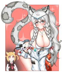 Rule 34 | 2girls, absurdres, ahoge, animal ear fluff, animal ears, arknights, bikini, black vest, blonde hair, blush, border, braid, breast envy, breasts, cleavage, collared shirt, cosplay, cowboy shot, crying, crying with eyes open, detached sleeves, flying sweatdrops, grey eyes, grey hair, hair between eyes, hands up, highres, jewelry, large breasts, leopard ears, leopard girl, leopard tail, long hair, long sleeves, looking at viewer, manggapaegtoli, multiple girls, necklace, necktie, outside border, ponytail, pramanix (arknights), red background, red eyes, red necktie, shirt, side braids, simple background, skanehfdl33, smile, solo focus, sora (arknights), sora (arknights) (cosplay), sora (summer flowers) (arknights), streaming tears, swimsuit, tail, tail ornament, tears, tiara, twintails, very long hair, vest, white bikini, white border, white shirt, white sleeves, wolf ears, wolf girl