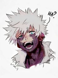 Rule 34 | 1boy, blue eyes, boku no hero academia, burn scar, cheek piercing, dabi (boku no hero academia), highres, looking at viewer, male focus, messy hair, multiple scars, open mouth, piercing, portrait, scar, scar on hand, scar on neck, sharl0ck, spoilers, staple, stapled, teeth, white background, white hair