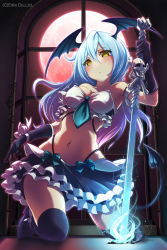 Rule 34 | 1girl, bad id, bad pixiv id, black thighhighs, blue hair, blush, breasts, cleavage, collarbone, highres, holding, holding sword, holding weapon, kneeling, large breasts, looking at viewer, loup, navel, original, parted lips, solo, sword, thighhighs, weapon, yellow eyes