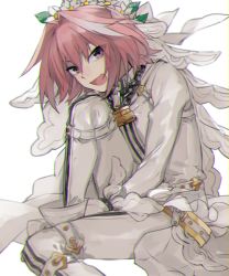 Rule 34 | 10s, 1boy, astolfo (fate), bad id, bad twitter id, belt, blush, bodysuit, braid, cape, chain, cosplay, fang, fate/apocrypha, fate/extra, fate/extra ccc, fate/grand order, fate (series), flower, hair intakes, hair ribbon, hita (hitapita), lock, long hair, looking at viewer, male focus, nero claudius (bride) (fate), nero claudius (fate), nero claudius (fate) (all), open mouth, padlock, pink hair, purple eyes, ribbon, saber bride (cosplay), single braid, smile, solo, trap, veil, zipper