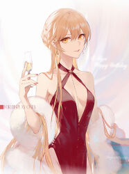 Rule 34 | 1girl, artist name, bare shoulders, blonde hair, breasts, center opening, champagne flute, commentary, cup, dated, dress, drinking glass, earrings, english text, feather boa, girls&#039; frontline, halter dress, halterneck, holding, holding cup, jewelry, kistina, looking at viewer, ots-14 (girls&#039; frontline), red dress, sleeveless, sleeveless dress, small breasts, smile, solo, upper body, yellow eyes