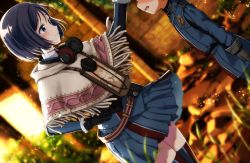 Rule 34 | 1boy, 1girl, absurdres, age difference, belt, belt pouch, blue eyes, blue hair, blurry, blurry background, blurry foreground, dutch angle, fur trim, gloves, grass, headpat, headphones, headphones around neck, height difference, highres, isara gunther, light particles, map, military, military uniform, pleated skirt, pouch, rubble, senjou no valkyria, senjou no valkyria (series), senjou no valkyria 1, shawl, short hair, skirt, smile, stone wall, sunlight, thighhighs, uniform, wall
