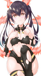 Rule 34 | 1girl, 3:, absurdres, ass, bare shoulders, black hair, black ribbon, black robe, black thighhighs, blush, bra, breasts, cleavage, clenched hand, commentary request, cowboy shot, en&#039;en no shouboutai, fiery ears, fiery tail, fire, hair between eyes, hand on own chest, head tilt, highres, knee up, looking at viewer, medium breasts, micosiva, midriff, neck ribbon, off shoulder, orange eyes, ribbon, robe, sidelocks, simple background, solo, tail, tamaki kotatsu, tearing up, tears, thighhighs, torn clothes, torn robe, torn thighhighs, twintails, underwear, white background, white bra