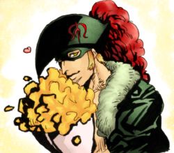 Rule 34 | 1boy, bouquet, domino mask, flower, fur trim, hat, hat feather, heart, jacket, leather, leather jacket, looking at viewer, male focus, mask, one piece, orange hair, pirate, ryu-911, scar, sideburns, solo, supernova, x drake