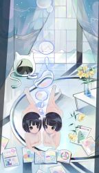 Rule 34 | 2girls, animal, black hair, blush, bob cut, book, breasts, bubble, cat, curtains, flower, highres, indoors, itezanon, lying, multiple girls, no nipples, nude, on floor, on stomach, original, reflection, reflective floor, rug, small breasts, table, vase, window