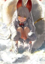 Rule 34 | 10s, 1girl, animal ears, blush, bow, bowtie, collared shirt, fox ears, fox tail, gloves, hair between eyes, hoojiro, hugging own legs, jacket, kemono friends, long hair, long sleeves, looking at viewer, oinari-sama (kemono friends), outdoors, red bow, red bowtie, sandals, shirt, smile, snowing, solo, tabi, tail, thigh strap, very long hair, white gloves, white hair, white jacket, white legwear, white theme, yellow eyes, zouri