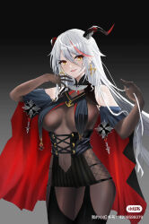 Rule 34 | 1girl, absurdres, aegir (azur lane), agenda si de beishang, azur lane, bare shoulders, bodystocking, breast curtains, breasts, brown gloves, chinese commentary, clothing cutout, covered navel, cowboy shot, cross, cross-laced clothes, cross earrings, demon horns, earrings, elbow gloves, gloves, grey background, hair between eyes, highres, horns, iron cross, jewelry, large breasts, long hair, looking at viewer, multicolored hair, navel cutout, red hair, simple background, solo, streaked hair, two-tone hair, very long hair, white hair, yellow eyes