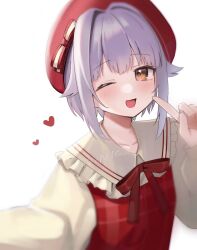 Rule 34 | 1girl, ;d, artist name, blush, collar, collarbone, finger to cheek, frilled collar, frills, hair intakes, heart, highres, idolmaster, idolmaster cinderella girls, koshimizu sachiko, long sleeves, looking at viewer, neck ribbon, one eye closed, open mouth, purple hair, red headwear, red ribbon, ribbon, simple background, smile, solo, upper body, uuo2cnte, white background