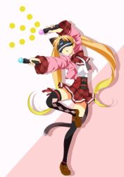 Rule 34 | 1girl, animal ears, atelier-moo, blonde hair, breasts, cat ears, cat tail, full body, glasses, head-mounted display, holding, jpeg artifacts, long hair, long sleeves, machida madoka, machidake, narrow waist, open mouth, plaid, plaid skirt, playing, playstation vr, skirt, small breasts, solo, standing, standing on one leg, tail, thighhighs, thighs, twintails, zettai ryouiki
