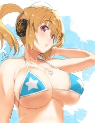 Rule 34 | 1girl, artist name, bad id, bad twitter id, bikini, blonde hair, breasts, dated, eyebrows, hand in own hair, headphones, heart, heart-shaped pupils, heart necklace, large breasts, necklace, nitroplus, open mouth, plump, red eyes, rkrk, simple background, solo, star (symbol), super pochaco, swimsuit, symbol-shaped pupils, teeth, twintails
