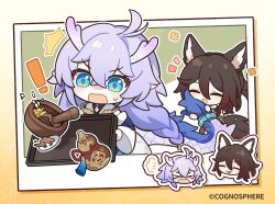 Rule 34 | !, &gt; &lt;, 2girls, :d, ^ ^, angry, animal ears, bailu (honkai: star rail), blue hair, bowl, braid, brown hair, chibi, closed eyes, commentary request, copyright name, food, hair between eyes, honkai: star rail, honkai (series), horns, long hair, multiple girls, official art, open mouth, smile, sweat, tingyun (honkai: star rail), touching tail, v-shaped eyebrows