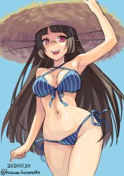 Rule 34 | 1girl, alternate costume, bikini, black hair, blue bikini, blush, breasts, choukai (kancolle), glasses, gradient background, hair between eyes, hair ornament, hat, headgear, highres, kantai collection, kotonoha kasumi, large breasts, long hair, looking at viewer, navel, one-hour drawing challenge, open mouth, red eyes, rimless eyewear, smile, solo, straw hat, striped bikini, striped clothes, swimsuit