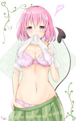 Rule 34 | 1girl, absurdres, arm up, bad id, bad pixiv id, blush, bra, breasts, cleavage, clothes lift, collarbone, commentary request, demon tail, dot nose, floral background, floral print, flower, green skirt, groin, hair between eyes, hair flower, hair ornament, heart, highres, kurorakudaaa, lace, lace-trimmed bra, lace-trimmed panties, lace trim, lifted by self, looking at viewer, medium breasts, momo velia deviluke, mouth hold, navel, panties, pink bra, pink hair, pink panties, plaid, plaid skirt, plant, purple eyes, sainan high school uniform, school uniform, shiny skin, shirt, shirt lift, short hair, short sleeves, signature, simple background, skirt, skirt hold, solo, tail, teeth, to love-ru, to love-ru darkness, underwear, unzipped, upper teeth only, vines, wavy mouth, white shirt