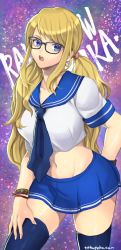 Rule 34 | 1girl, alternate costume, bespectacled, black-framed eyewear, blonde hair, blue eyes, blue skirt, bracelet, breasts, commentary request, cowboy shot, crop top, curvy, glasses, hair tie, hand on own hip, highres, jewelry, large breasts, long hair, low twintails, mellowd, midriff, miniskirt, navel, necktie, open mouth, pleated skirt, rainbow mika, sailor collar, school uniform, serafuku, shirt, short sleeves, skirt, solo, stomach, street fighter, street fighter v, thighhighs, twintails, white shirt, zettai ryouiki