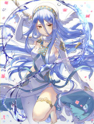 Rule 34 | 1girl, azura (fire emblem), blue eyes, bubble, detached collar, dress, elbow gloves, fingerless gloves, fire emblem, fire emblem fates, fire emblem heroes, gloves, haru (nakajou-28), highres, holding, holding weapon, jewelry, long hair, looking down, necklace, nintendo, petals, polearm, side slit, simple background, single thighhigh, sleeveless, sleeveless dress, solo, spear, thighhighs, veil, very long hair, water, weapon, white gloves, white thighhighs, yellow eyes