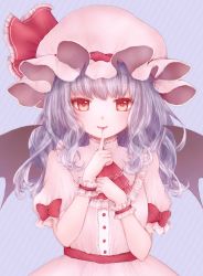 Rule 34 | 1girl, alternate hair length, alternate hairstyle, ascot, bat wings, bebitera, bow, closed mouth, commentary request, diagonal stripes, dress, fangs, fangs out, finger to mouth, frilled sleeves, frills, hat, hat ribbon, highres, lips, long hair, looking at viewer, mob cap, pink dress, puffy short sleeves, puffy sleeves, purple background, purple hair, red bow, red eyes, red ribbon, remilia scarlet, ribbon, short sleeves, shushing, simple background, smile, solo, striped, striped background, touhou, wavy hair, wings, wrist cuffs