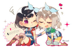 Rule 34 | 2girls, :d, alternate hairstyle, aoba moca, arm warmers, bad id, bad pixiv id, bang dream!, black hair, blue ribbon, bob cut, boots, chibi, closed eyes, cowboy boots, earrings, frills, green shirt, grey hair, hair ribbon, hand on another&#039;s arm, heart, heart earrings, jewelry, kneeling, knees up, lace trim, mitake ran, multicolored hair, multiple girls, one eye closed, open mouth, overall shorts, overalls, plaid, plaid shirt, purple eyes, red hair, red shirt, ribbon, shino yuki, shirt, short hair, short twintails, sitting, smile, sparkle, squiggle, streaked hair, thighhighs, twintails, twitter username, u u, white background, white hair