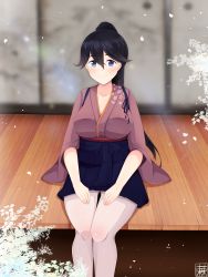 Rule 34 | 10s, 1girl, absurdres, black hair, blue eyes, breasts, cleavage, dongdong, floral print, hakama, hakama short skirt, hakama skirt, high ponytail, highres, houshou (kancolle), japanese clothes, kantai collection, large breasts, long hair, looking at viewer, pantyhose, pleated skirt, signature, sitting, skirt, smile, solo