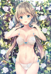 Rule 34 | 1girl, :d, artist name, bare arms, bare shoulders, blue eyes, blush, bow, bow bra, bow panties, bra, breasts, brown hair, collarbone, commentary request, cowboy shot, flower, groin, hands up, head tilt, long hair, looking at viewer, low twintails, md5 mismatch, medium breasts, navel, open mouth, original, panties, resolution mismatch, rose, signature, smile, solo, suihi, twintails, underwear, underwear only, very long hair, white bra, white flower, white panties, white rose