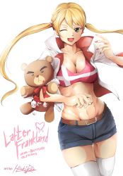 Rule 34 | 1girl, ;d, abs, artist name, blonde hair, blush, breasts, character name, cleavage, copyright name, denim, denim shorts, dutch angle, green eyes, gundam, gundam tekketsu no orphans, hair between eyes, heart, highres, hip focus, hiroki ree, jacket, lafter frankland, large breasts, long hair, looking at viewer, midriff, nail polish, one eye closed, open clothes, open jacket, open mouth, red nails, short shorts, shorts, signature, simple background, smile, solo, spoilers, stuffed animal, stuffed toy, teddy bear, thighhighs, toned, twintails, white background