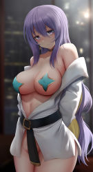 Rule 34 | 1girl, animal ears, bare shoulders, belt, blonde hair, blush, breasts, choker, covered erect nipples, ginhaha, gradient hair, hair between eyes, highres, hololive, hololive indonesia, jewelry, large breasts, long hair, long sleeves, looking at viewer, moona hoshinova, multicolored hair, pasties, purple eyes, purple hair, smile, solo, thighs, two-tone hair, virtual youtuber