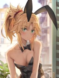 Rule 34 | 1girl, animal ears, black bow, black bowtie, black leotard, blonde hair, blurry, blurry background, bow, bowtie, breasts, building, detached collar, fake animal ears, fate/grand order, fate (series), green eyes, highres, leotard, looking at viewer, medium breasts, medium hair, mordred (fate), navel, plant, playboy bunny, ponytail, rabbit ears, sidelocks, sitting, solo, tonee, window