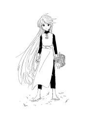 Rule 34 | 1girl, arms at sides, barefoot, belt, bouquet, bright pupils, creatures (company), expressionless, floating hair, flower, full body, game freak, grass, greyscale, hagetapo, hair down, highres, holding, holding bouquet, long hair, long sleeves, looking at viewer, monochrome, nintendo, no headwear, pants, pokemon, pokemon adventures, shirt, simple background, solo, standing, swept bangs, tunic, turtleneck, very long hair, yellow (pokemon)