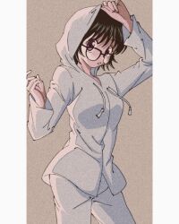 Rule 34 | 1girl, absurdres, alternate costume, black hair, breasts, casual, contrapposto, enoki (gongindon), feet out of frame, glasses, highres, hood, hood up, hunter x hunter, jewelry, looking at viewer, medium breasts, necklace, purple eyes, raincoat, shizuku murasaki, short hair, simple background, solo