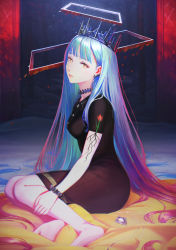Rule 34 | absurdres, aqua hair, arm tattoo, barefoot, black dress, blue hair, bracelet, choker, colorful, crown, dress, earrings, floating, floral print, forest, framed, highres, jewelry, unworn jewelry, long hair, looking at viewer, multicolored hair, nababa, nature, necklace, original, parted lips, picture frame, pink lips, purple hair, red hair, sitting, snow, soles, tattoo, tree, very long hair, yellow eyes
