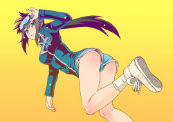 Rule 34 | 1girl, ass, back, black hair, blush, goggles, green eyes, jacket, long hair, looking at viewer, looking back, open mouth, original, shoes, short shorts, shorts, socks, solo, usumy, white socks, yellow background