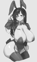 Rule 34 | 1girl, animal ears, areola slip, black hair, breasts, cleavage, ee extension 02, garter straps, greyscale, highres, huge breasts, large areolae, leotard, long hair, looking at viewer, monochrome, playboy bunny, rabbit ears, rabbit tail, solo, tail