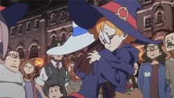 Rule 34 | 10s, 3girls, animated, animated gif, brown hair, closed eyes, freckles, glasses, hair over one eye, hat, hug, kagari atsuko, little witch academia, long hair, lotte jansson, lowres, multiple girls, orange hair, red eyes, short hair, sucy manbavaran, witch hat