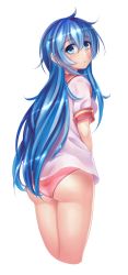 Rule 34 | 1girl, absurdres, ass, blue eyes, blue hair, blush, breasts, character request, copyright request, from behind, highres, long hair, looking at viewer, looking back, no pants, panties, parted lips, pink panties, sailor collar, sailor shirt, shiny skin, shirt, sideboob, solo, transparent background, underwear, very long hair, yui hiroshi