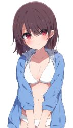 Rule 34 | 1girl, bikini, blush, breasts, brown hair, cleavage, closed mouth, highres, hood, hooded jacket, jacket, large breasts, looking at viewer, medium hair, mochigome (ununquadium), navel, open clothes, open jacket, original, red eyes, simple background, smile, solo, swimsuit, upper body, white background, white bikini