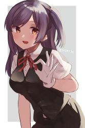 Rule 34 | 1girl, black skirt, black vest, blush, border, brown eyes, buttons, collared shirt, gloves, hagikaze (kancolle), highres, kantai collection, long hair, one-hour drawing challenge, one side up, open mouth, purple hair, red ribbon, ribbon, shirasumato, shirt, short sleeves, skirt, smile, solo, upper body, vest, white border, white gloves, white shirt