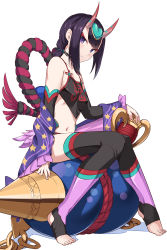 Rule 34 | 1girl, bare shoulders, barefoot, black hair, black thighhighs, blush, chinese clothes, closed mouth, crop top, cup, detached sleeves, dudou, eyeliner, eyeshadow, fate/grand order, fate (series), feet, flat chest, frilled sleeves, frills, from side, full body, gourd, hair ornament, headpiece, heart, horns, long sleeves, looking at viewer, looking to the side, makeup, navel, purple eyes, shiseki hirame, shuten douji (fate), shuten douji (fate/grand order), shuten douji (halloween caster) (fate), simple background, sitting, skin-covered horns, smile, solo, star (symbol), star print, stirrup legwear, stomach, thighhighs, toeless legwear, white background