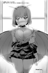 Rule 34 | 1girl, antennae, arthropod girl, blush, breasts, butterfly wings, cleavage, dress shirt, female focus, greyscale, highres, insect wings, large breasts, looking at viewer, monochrome, monster girl, off shoulder, original, sakimori dan, shirt, short hair, skirt, smile, solo, translation request, window, wings