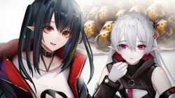 Rule 34 | 2girls, :d, arknights, bad id, bad pixiv id, bare shoulders, binggong asylum, black choker, black hair, black jacket, choker, closure (arknights), commentary request, cross hair ornament, detached sleeves, fang, female focus, hair ornament, hand up, highres, jacket, long hair, long sleeves, looking at viewer, multiple girls, open clothes, open jacket, open mouth, orange eyes, originium (arknights), parted lips, pointy ears, red eyes, shirt, silver hair, smile, t-shirt, two side up, upper body, warfarin (arknights), white background, white shirt