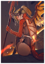 Rule 34 | 1girl, adapted costume, ass, blonde hair, bodysuit, border, brown background, brown thighhighs, commentary, dark persona, debris, demon horns, demon tail, devil mercy, earrings, embers, from behind, glowing, high collar, high ponytail, highres, holding, holding staff, horns, jewelry, looking at viewer, looking back, mechanical wings, mercy (overwatch), msppice, official alternate costume, orange eyes, orange wings, overwatch, overwatch 1, red bodysuit, sideways glance, signature, sitting, sitting on wall, smile, solo, staff, tail, thighhighs, white border, wings