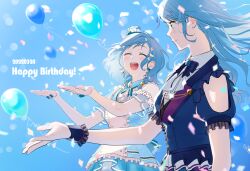 Rule 34 | 2girls, apron, ascot, balloon, bang dream!, blue bow, blue bowtie, blue dress, blue eyes, blue hair, blue wrist cuffs, blurry, blush, bow, bowtie, braid, closed eyes, closed mouth, clothing cutout, collared dress, commentary, commentary request, confetti, cowboy shot, dated, depth of field, dress, earrings, english commentary, flower earrings, frilled dress, frills, gloves, half gloves, happy birthday, hat, highres, hikawa hina, hikawa sayo, idol clothes, jewelry, long hair, looking at another, medium hair, mini hat, mixed-language commentary, multiple girls, open mouth, puffy sleeves, see-through, see-through sleeves, short sleeves, shoulder cutout, siblings, sidelocks, sky, smile, stud earrings, teeth, twins, upper teeth only, white apron, white ascot, white gloves, wrist cuffs, zihacheol